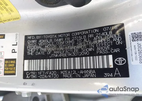 2019 Toyota Corolla Se из США, поврежденный, VIN JTNK4RBE9K3012090